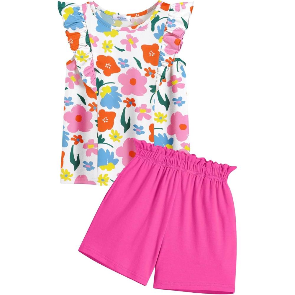image:imageArshiner Girls Clothes Summer Outfits Ruffle Sleeve Tops and Paperbag Waist Shorts with Pockets Kids Clothing SetHot Pink Flower