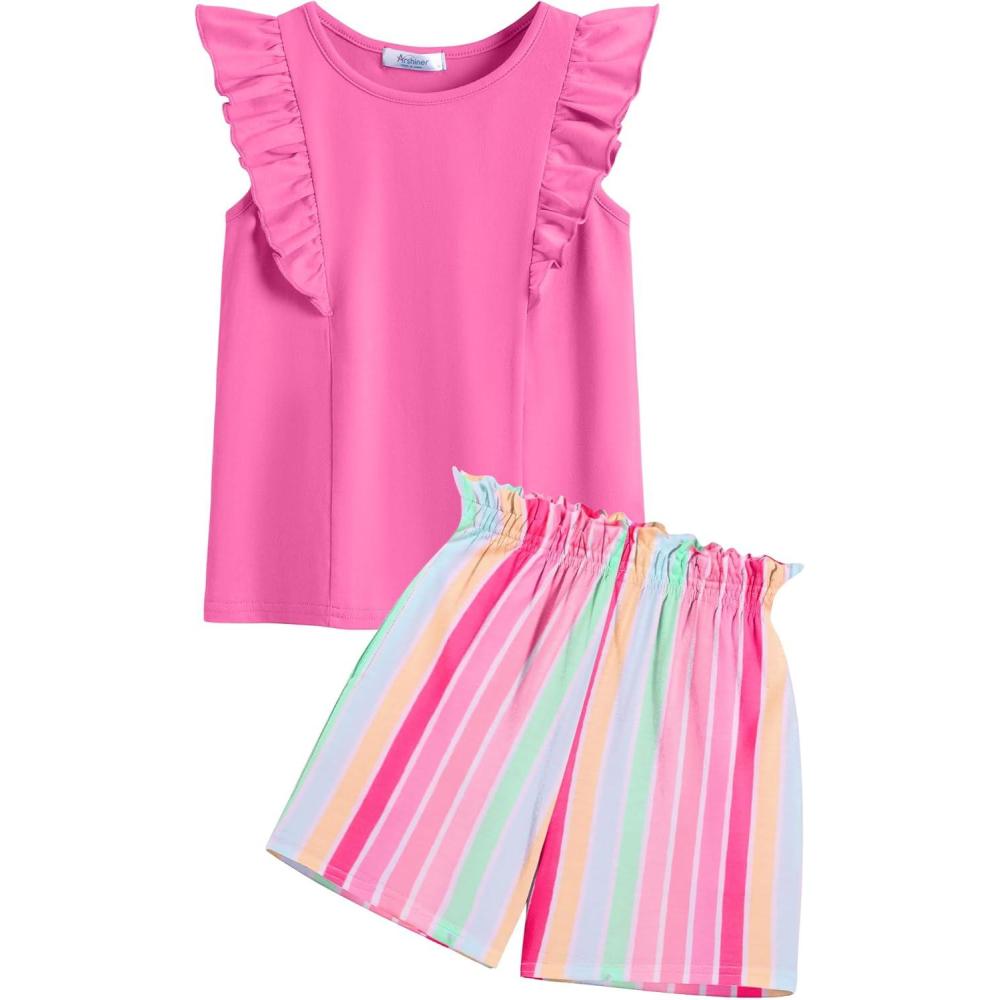 image:imageArshiner Girls Clothes Summer Outfits Ruffle Sleeve Tops and Paperbag Waist Shorts with Pockets Kids Clothing SetHot Pink Strips