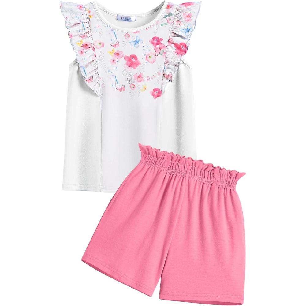 image:imageArshiner Girls Clothes Summer Outfits Ruffle Sleeve Tops and Paperbag Waist Shorts with Pockets Kids Clothing SetPink Flower