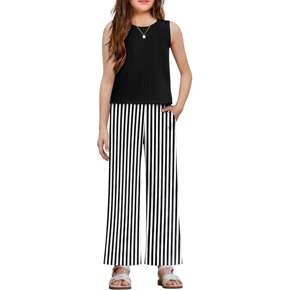 image:imageArshiner Girls Clothing Set Casual Clothes Sleeveless Back Tank Crop Top and WideLeg Pants with Pocket 2 Piece Outfits 513YBlack White