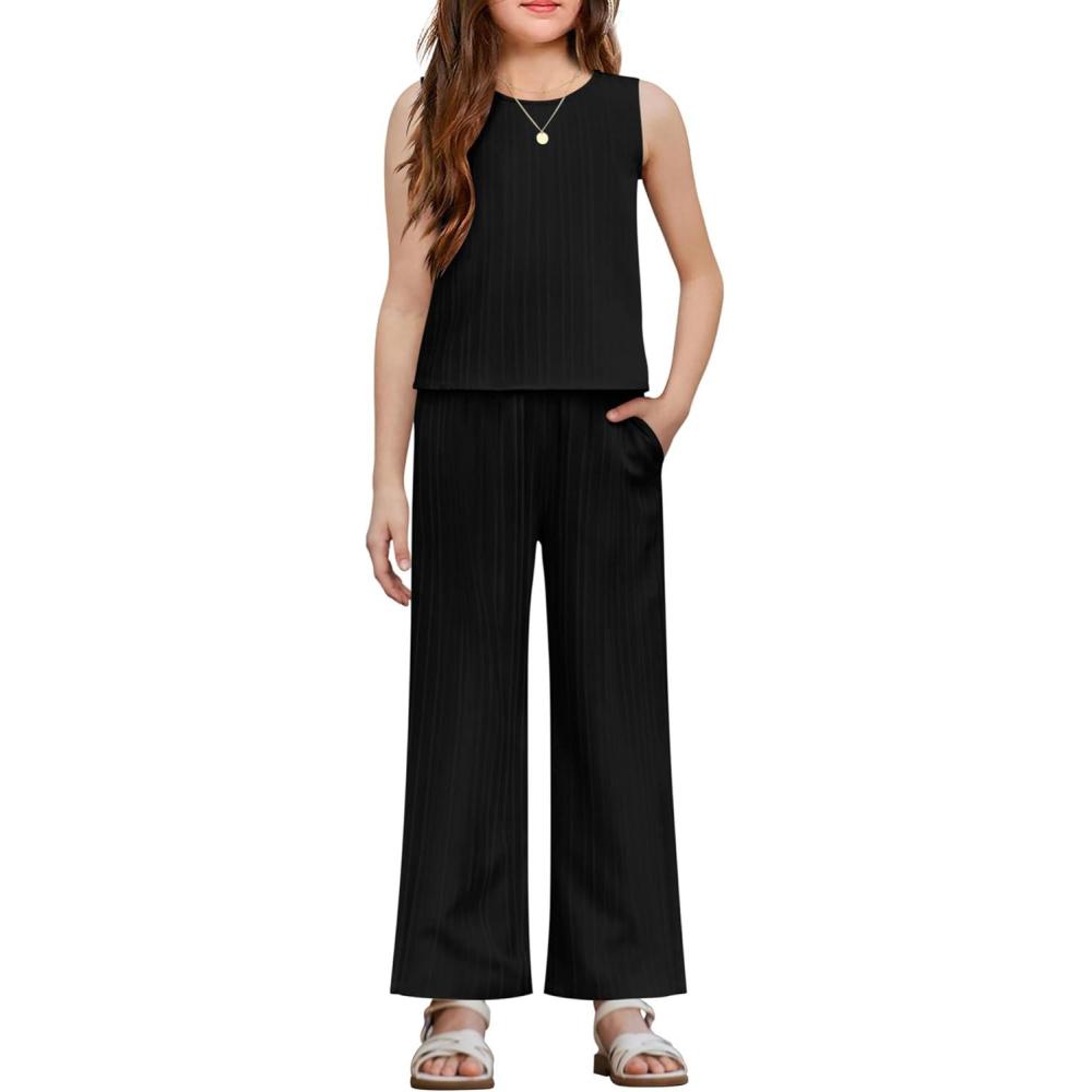 image:imageArshiner Girls Clothing Set Casual Clothes Sleeveless Back Tank Crop Top and WideLeg Pants with Pocket 2 Piece Outfits 513YBlack