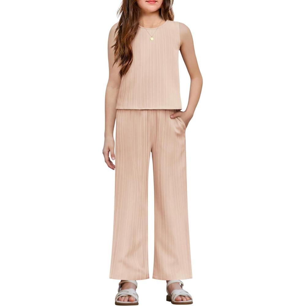 image:imageArshiner Girls Clothing Set Casual Clothes Sleeveless Back Tank Crop Top and WideLeg Pants with Pocket 2 Piece Outfits 513YChampagne