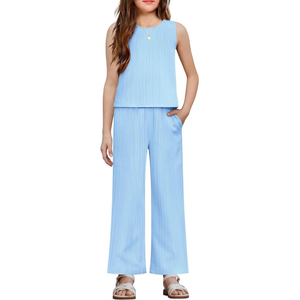 image:imageArshiner Girls Clothing Set Casual Clothes Sleeveless Back Tank Crop Top and WideLeg Pants with Pocket 2 Piece Outfits 513YLight Blue