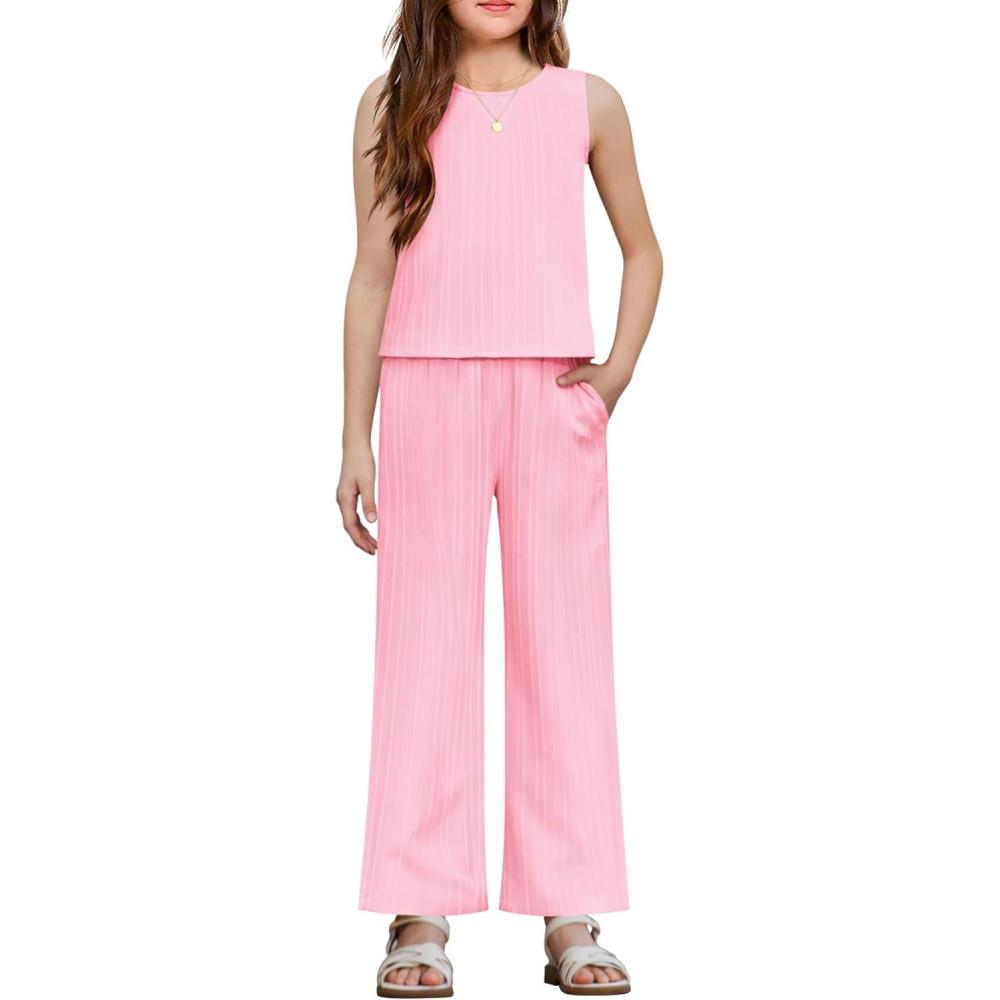 image:imageArshiner Girls Clothing Set Casual Clothes Sleeveless Back Tank Crop Top and WideLeg Pants with Pocket 2 Piece Outfits 513YPink