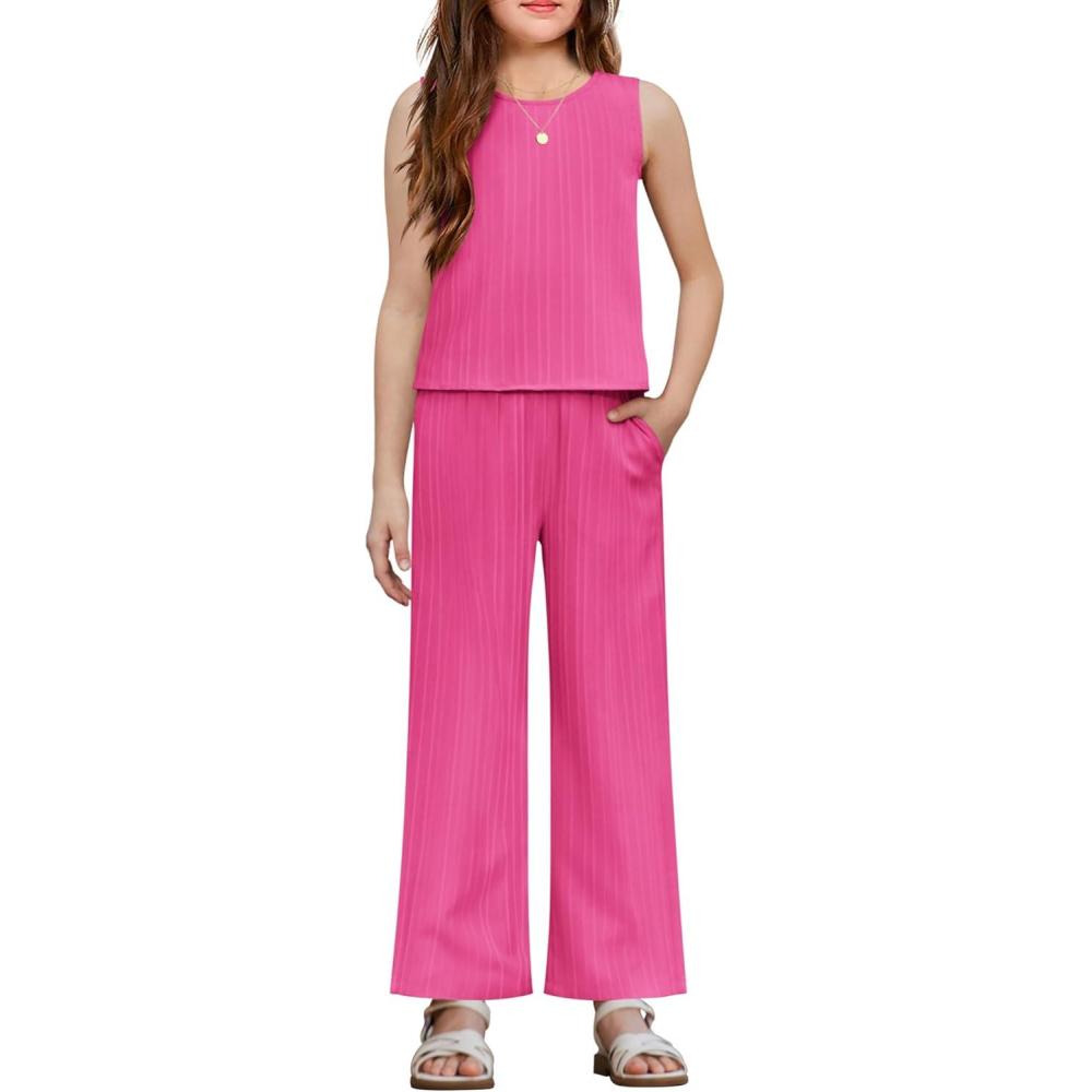 image:imageArshiner Girls Clothing Set Casual Clothes Sleeveless Back Tank Crop Top and WideLeg Pants with Pocket 2 Piece Outfits 513YRose Red