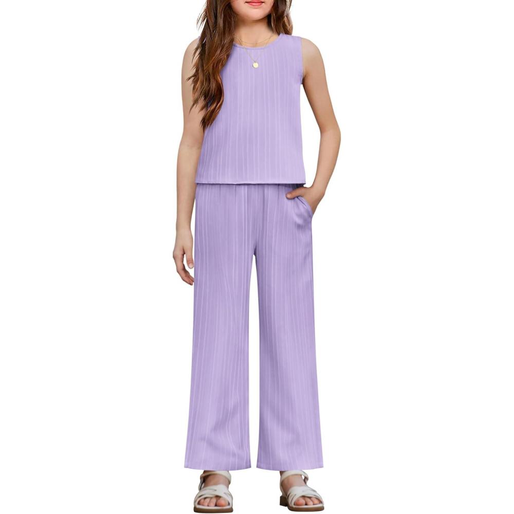image:imageArshiner Girls Clothing Set Casual Clothes Sleeveless Back Tank Crop Top and WideLeg Pants with Pocket 2 Piece Outfits 513YViolet