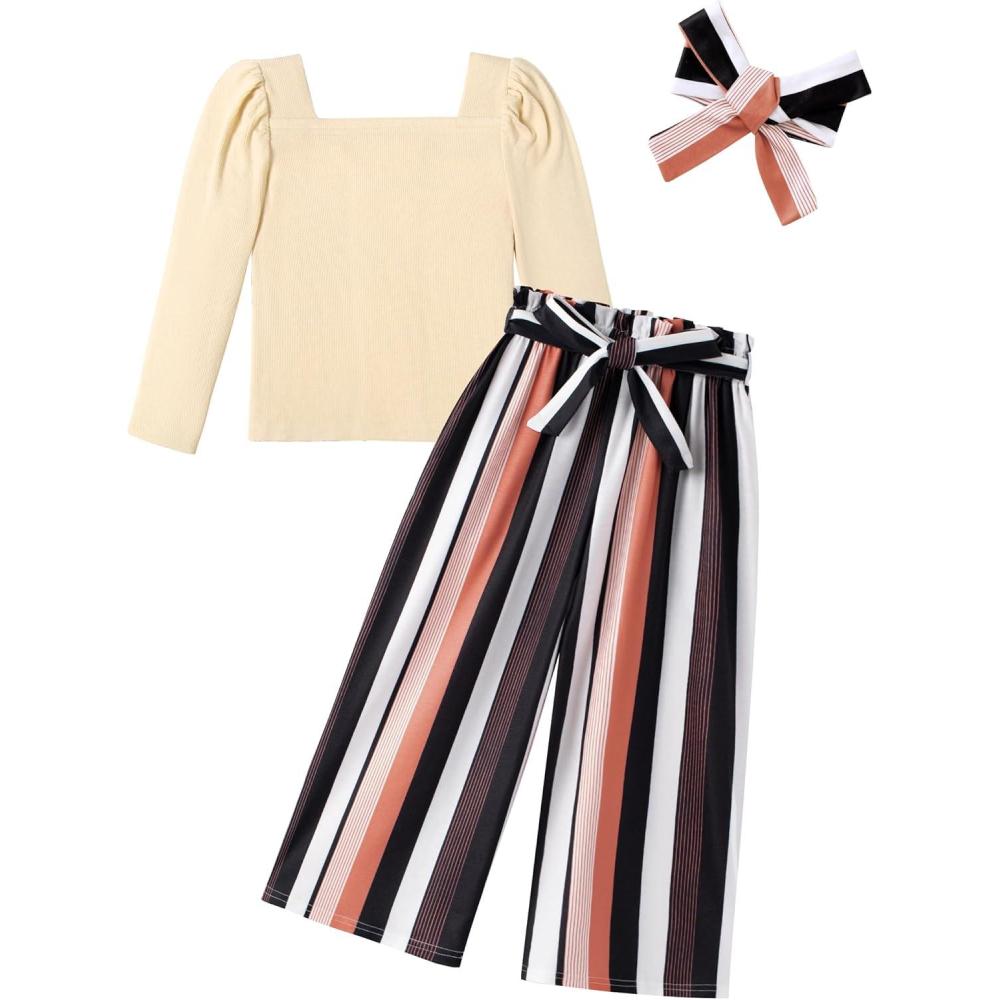 image:imageArshiner Girls Clothing Sets Square Neck Rib Knit Shirts Stylish Wide Leg Pants Headband Cute 3pcs Fall Clothes OutfitsBeige Stripe