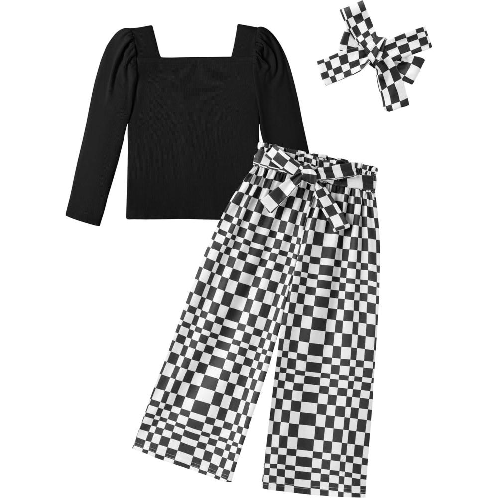 image:imageArshiner Girls Clothing Sets Square Neck Rib Knit Shirts Stylish Wide Leg Pants Headband Cute 3pcs Fall Clothes OutfitsBlack Checkboard