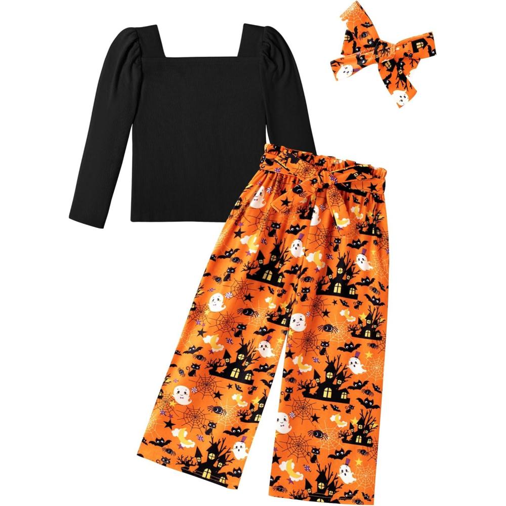 image:imageArshiner Girls Clothing Sets Square Neck Rib Knit Shirts Stylish Wide Leg Pants Headband Cute 3pcs Fall Clothes OutfitsBlack Halloween Print