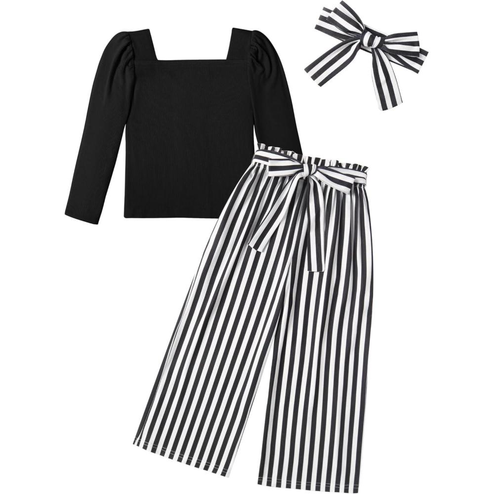 image:imageArshiner Girls Clothing Sets Square Neck Rib Knit Shirts  Stylish Wide Leg Pants  Headband Cute 3pcs Fall Clothes OutfitsBlack  Striped