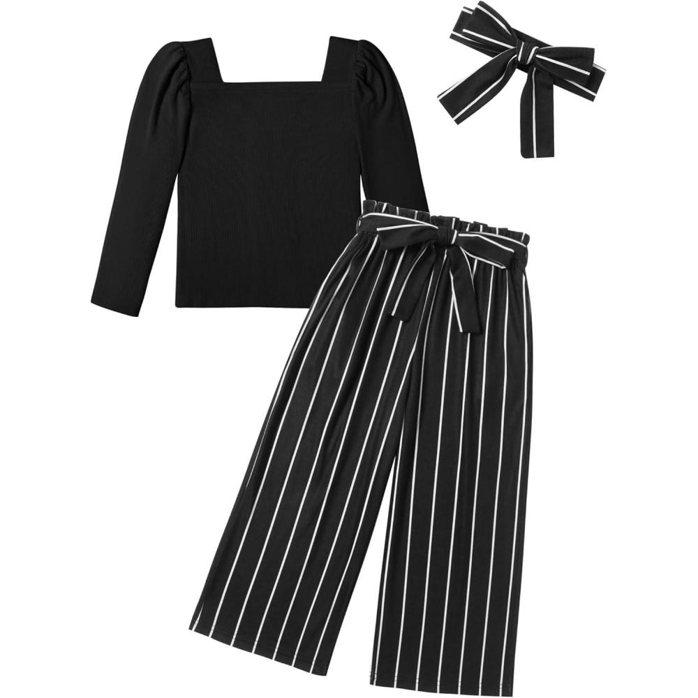 image:imageArshiner Girls Clothing Sets Square Neck Rib Knit Shirts Stylish Wide Leg Pants Headband Cute 3pcs Fall Clothes OutfitsBlack White Striped
