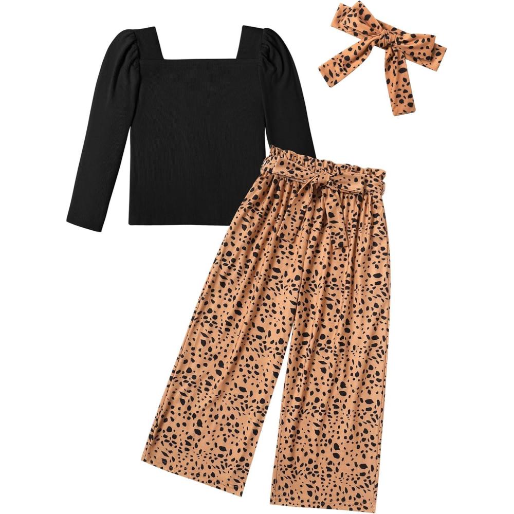 image:imageArshiner Girls Clothing Sets Square Neck Rib Knit Shirts Stylish Wide Leg Pants Headband Cute 3pcs Fall Clothes OutfitsBlack Leopard Dot