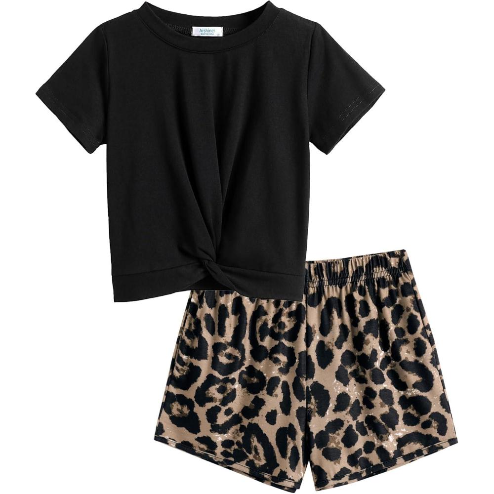 image:imageArshiner Girls Clothing Sets Twist Front Top and Shorts 2 Piece Outfits Activewear Tracksuit 514 YearBlack Leopard Print