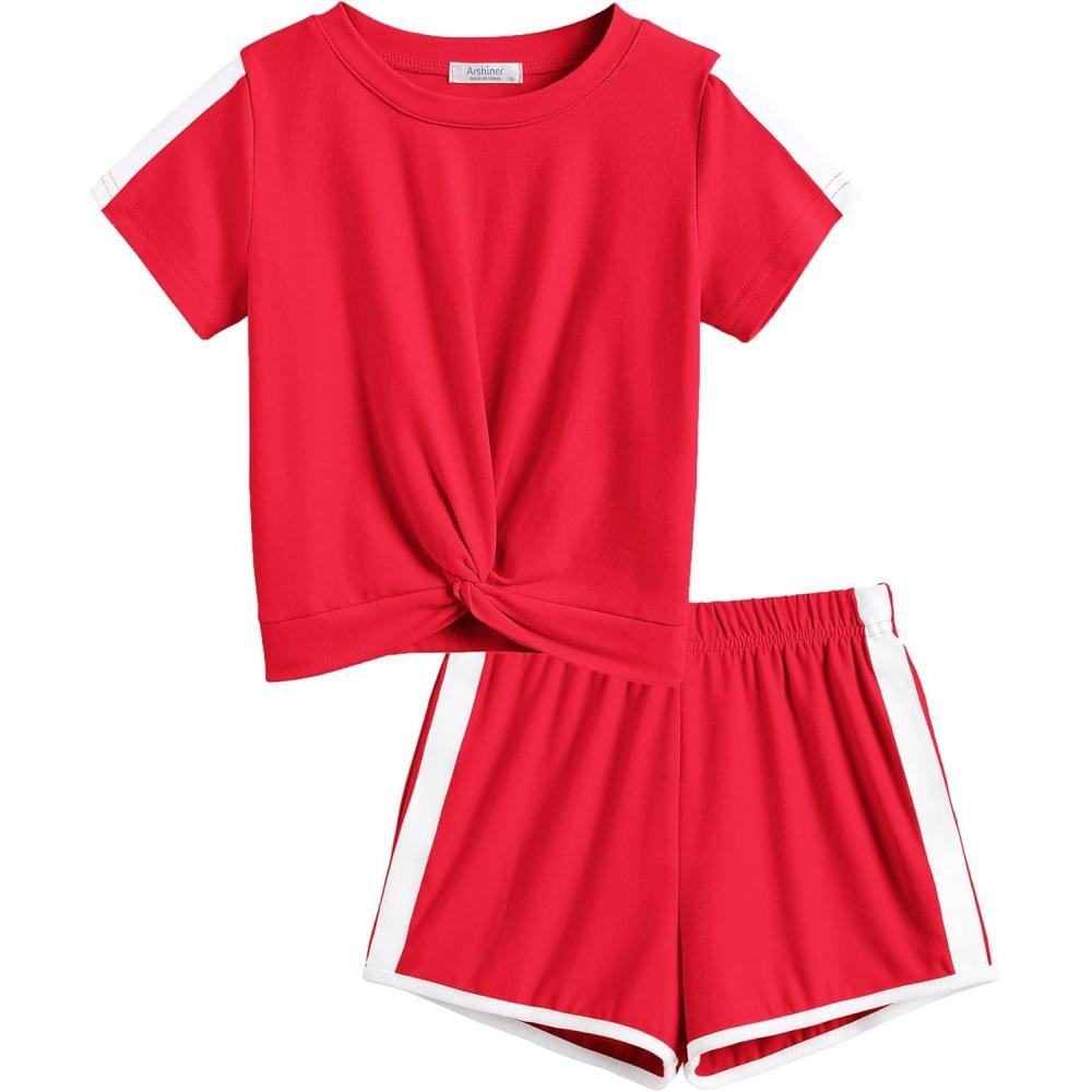 image:imageArshiner Girls Clothing Sets Twist Front Top and Shorts 2 Piece Outfits Activewear Tracksuit 514 YearClassic Red