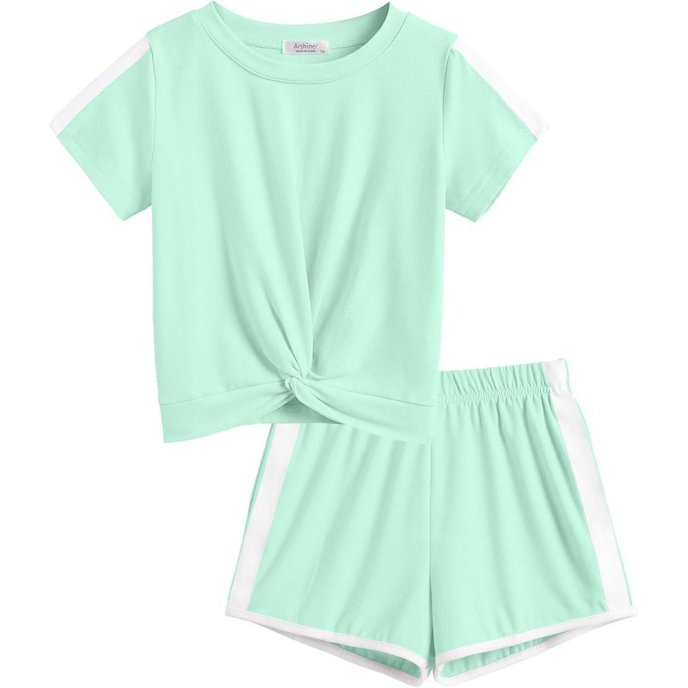 image:imageArshiner Girls Clothing Sets Twist Front Top and Shorts 2 Piece Outfits Activewear Tracksuit 514 YearGreen