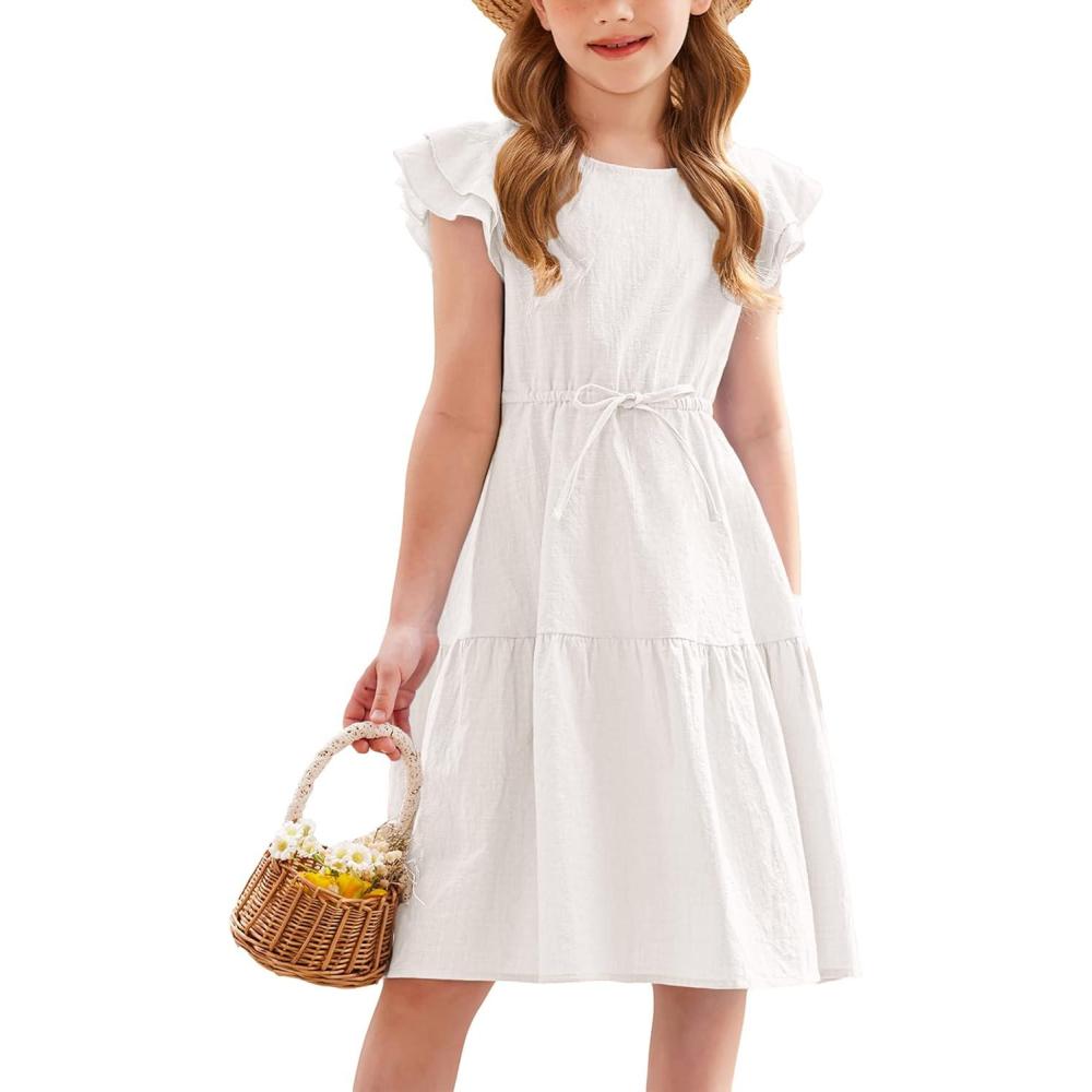 image:imageArshiner Girls Cotton Linen Dress Flutter Sleeve Summer Casual Dresses Tiered ALine Sundress for 413 Years Kids0white