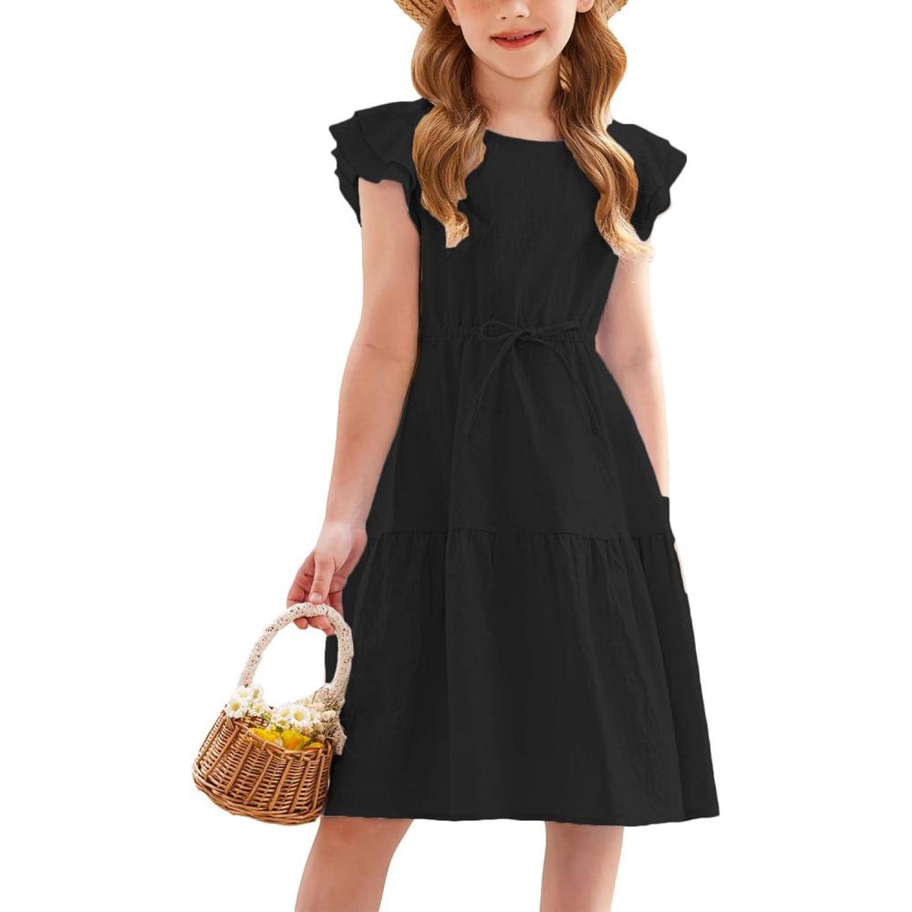 image:imageArshiner Girls Cotton Linen Dress Flutter Sleeve Summer Casual Dresses Tiered ALine Sundress for 413 Years KidsBlack