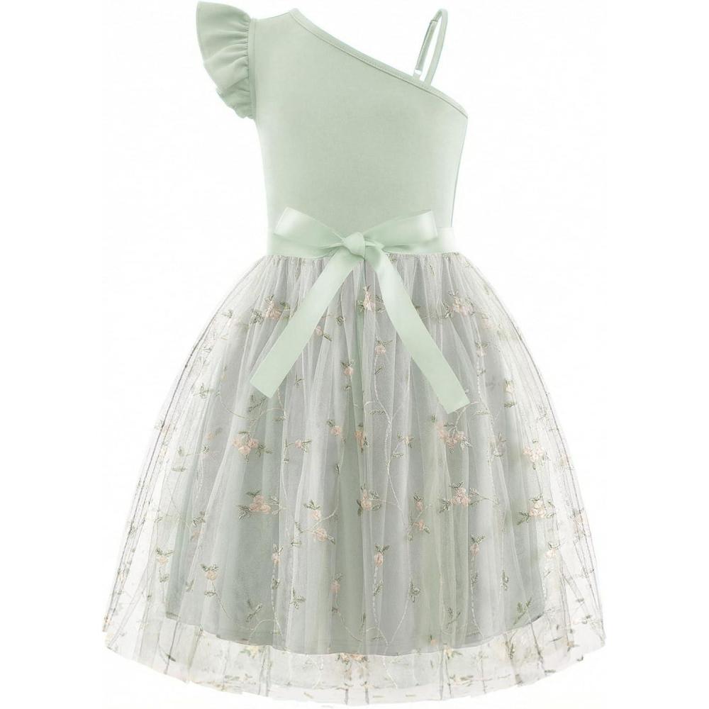 image:imageArshiner Girls Dresses Summer One Shoulder Ruffle Sleeveless Formal Fancy Party Birthday Tulle Dress with BeltedGreen Floral