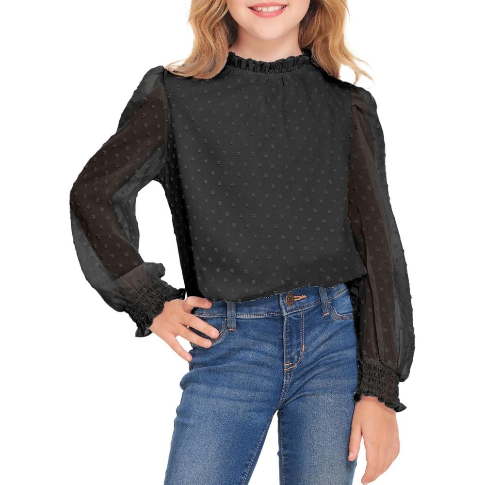 image:imageArshiner Girls Long Sleeve Shirts Chiffon Blouses Swiss Dot Frill Neck Casual Loose Cute Top TeeBlack