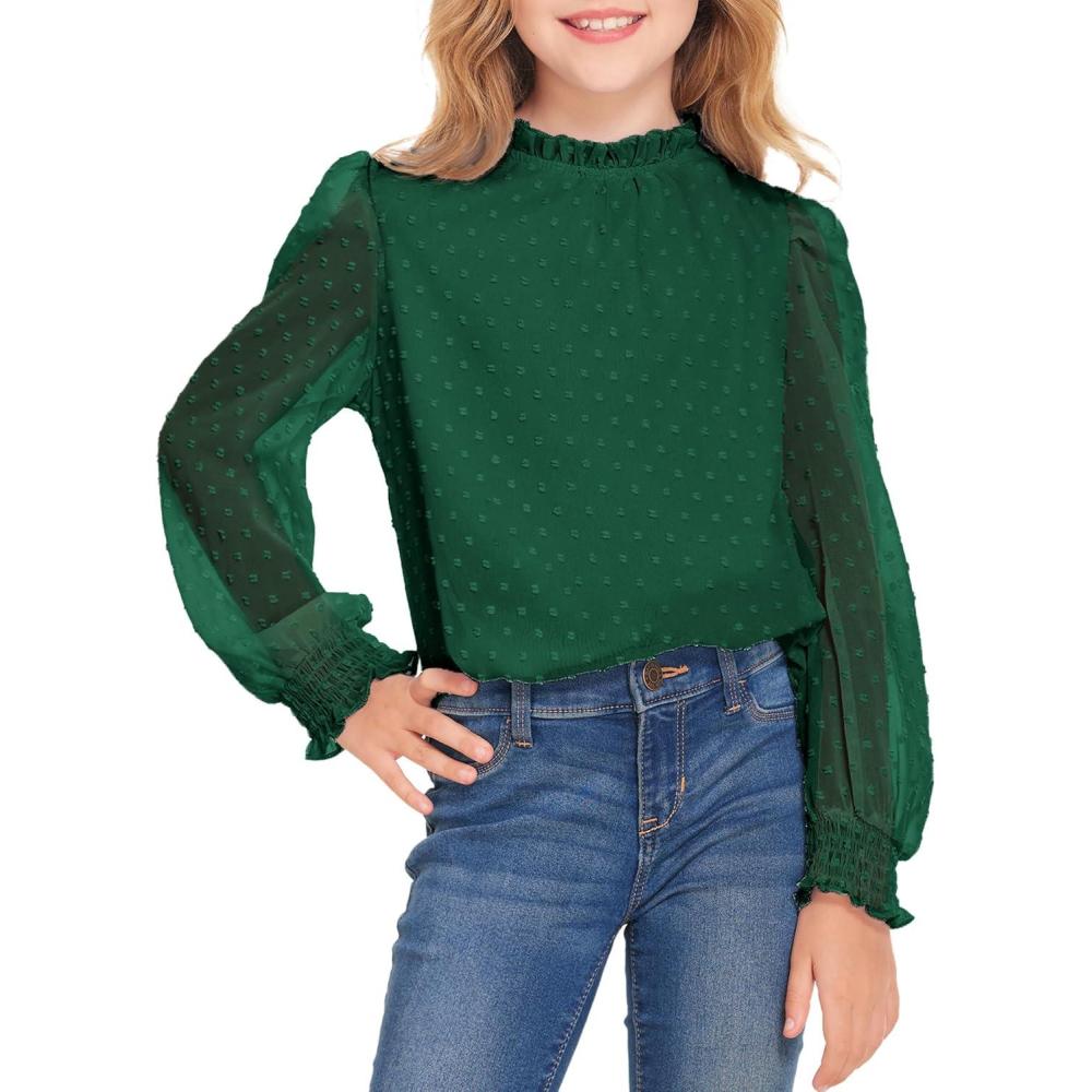 image:imageArshiner Girls Long Sleeve Shirts Chiffon Blouses Swiss Dot Frill Neck Casual Loose Cute Top TeeGreen