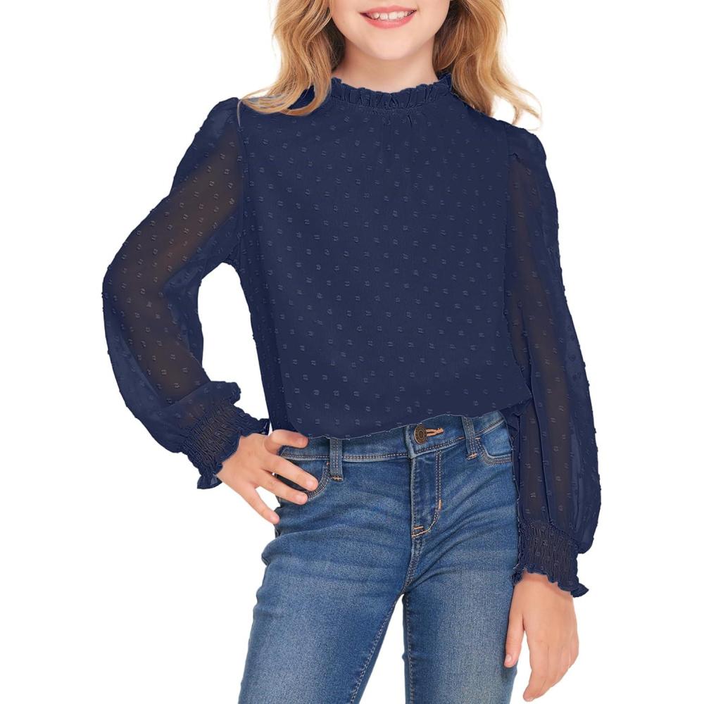 image:imageArshiner Girls Long Sleeve Shirts Chiffon Blouses Swiss Dot Frill Neck Casual Loose Cute Top TeeNavy Blue