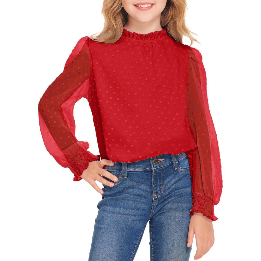 image:imageArshiner Girls Long Sleeve Shirts Chiffon Blouses Swiss Dot Frill Neck Casual Loose Cute Top TeeRed