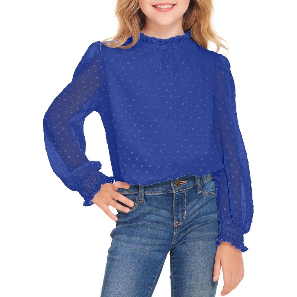 image:imageArshiner Girls Long Sleeve Shirts Chiffon Blouses Swiss Dot Frill Neck Casual Loose Cute Top TeeRoyal Blue 2