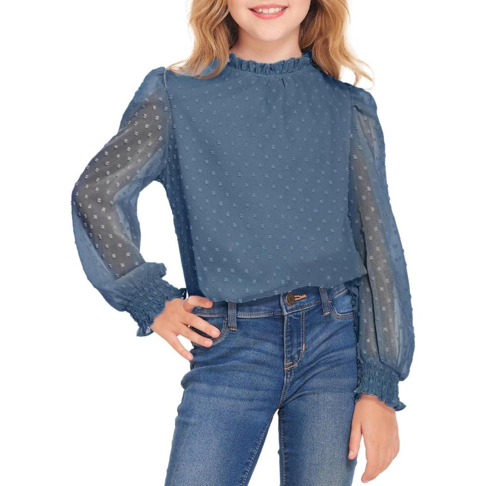 image:imageArshiner Girls Long Sleeve Shirts Chiffon Blouses Swiss Dot Frill Neck Casual Loose Cute Top TeeRoyal Blue