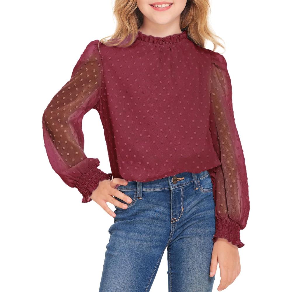 image:imageArshiner Girls Long Sleeve Shirts Chiffon Blouses Swiss Dot Frill Neck Casual Loose Cute Top TeeWine Red
