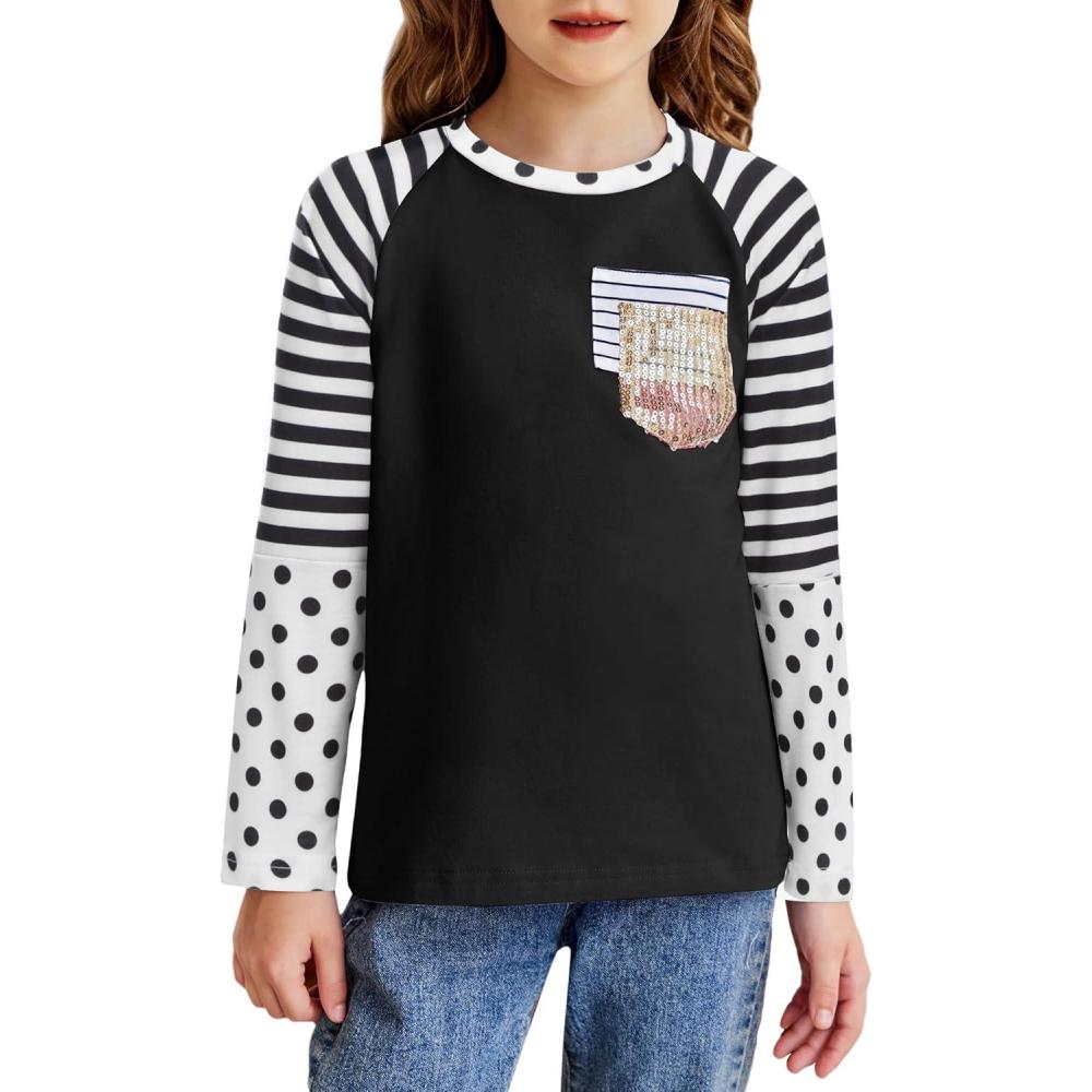 image:imageArshiner Girls Long Sleeve Shirts Color Block Casual Cute Top Tee Blouse with Fashion PocketBlackStripesDot