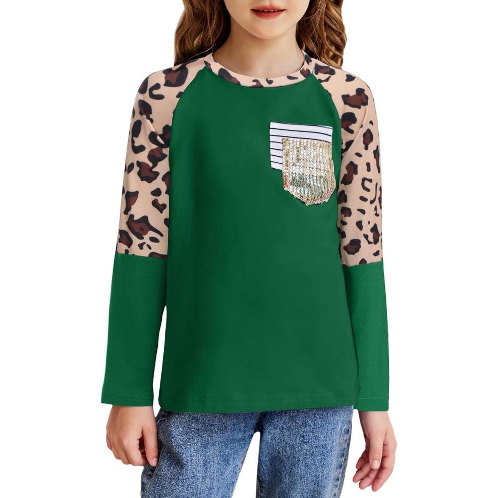 image:imageArshiner Girls Long Sleeve Shirts Color Block Casual Cute Top Tee Blouse with Fashion PocketForest GreenLeopard