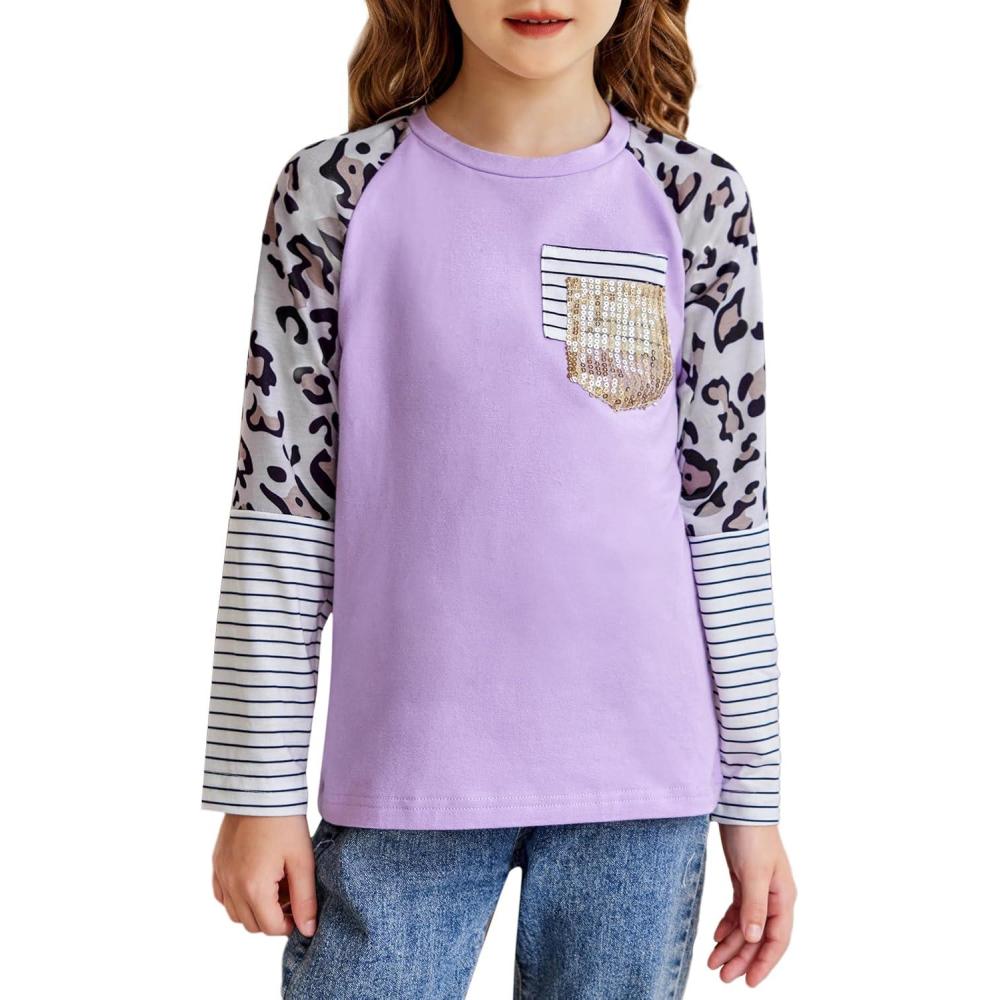 image:imageArshiner Girls Long Sleeve Shirts Color Block Casual Cute Top Tee Blouse with Fashion PocketPurpleLeopard