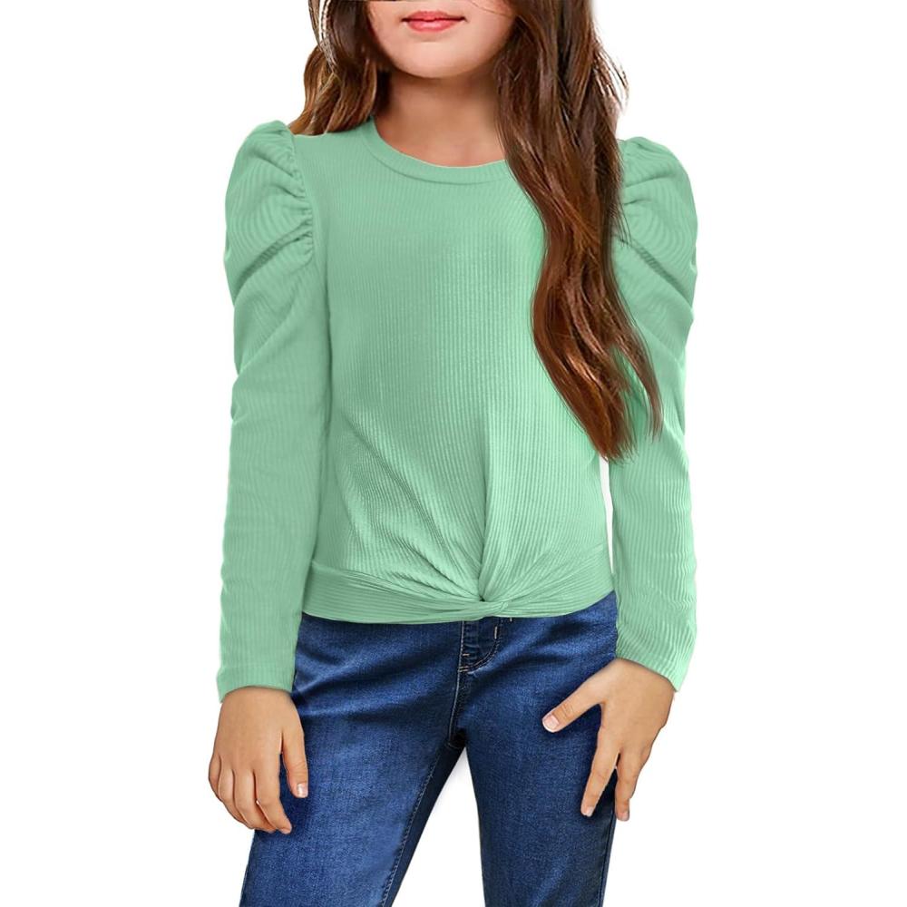 image:imageArshiner Girls Puff Long Sleeve Shirts Twist Front Ribbed Knit T Shirt Crop Tops Tee BlouseLight Green