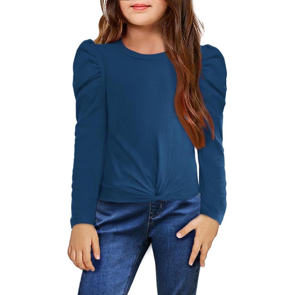 image:imageArshiner Girls Puff Long Sleeve Shirts Twist Front Ribbed Knit T Shirt Crop Tops Tee BlouseNavy Blue