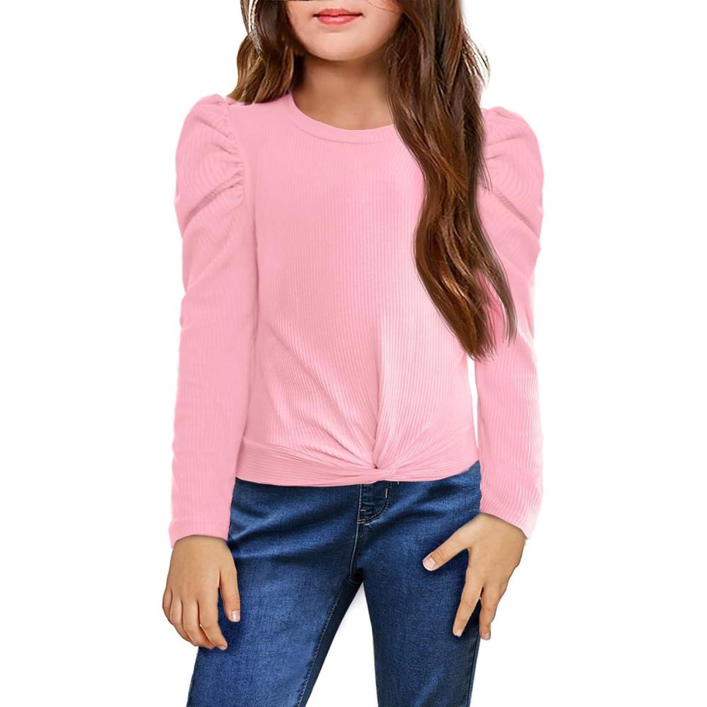 image:imageArshiner Girls Puff Long Sleeve Shirts Twist Front Ribbed Knit T Shirt Crop Tops Tee BlousePink 2