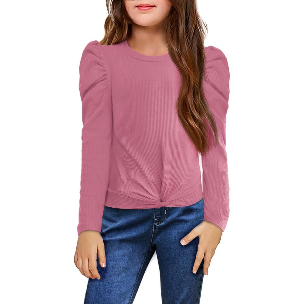 image:imageArshiner Girls Puff Long Sleeve Shirts Twist Front Ribbed Knit T Shirt Crop Tops Tee BlousePink