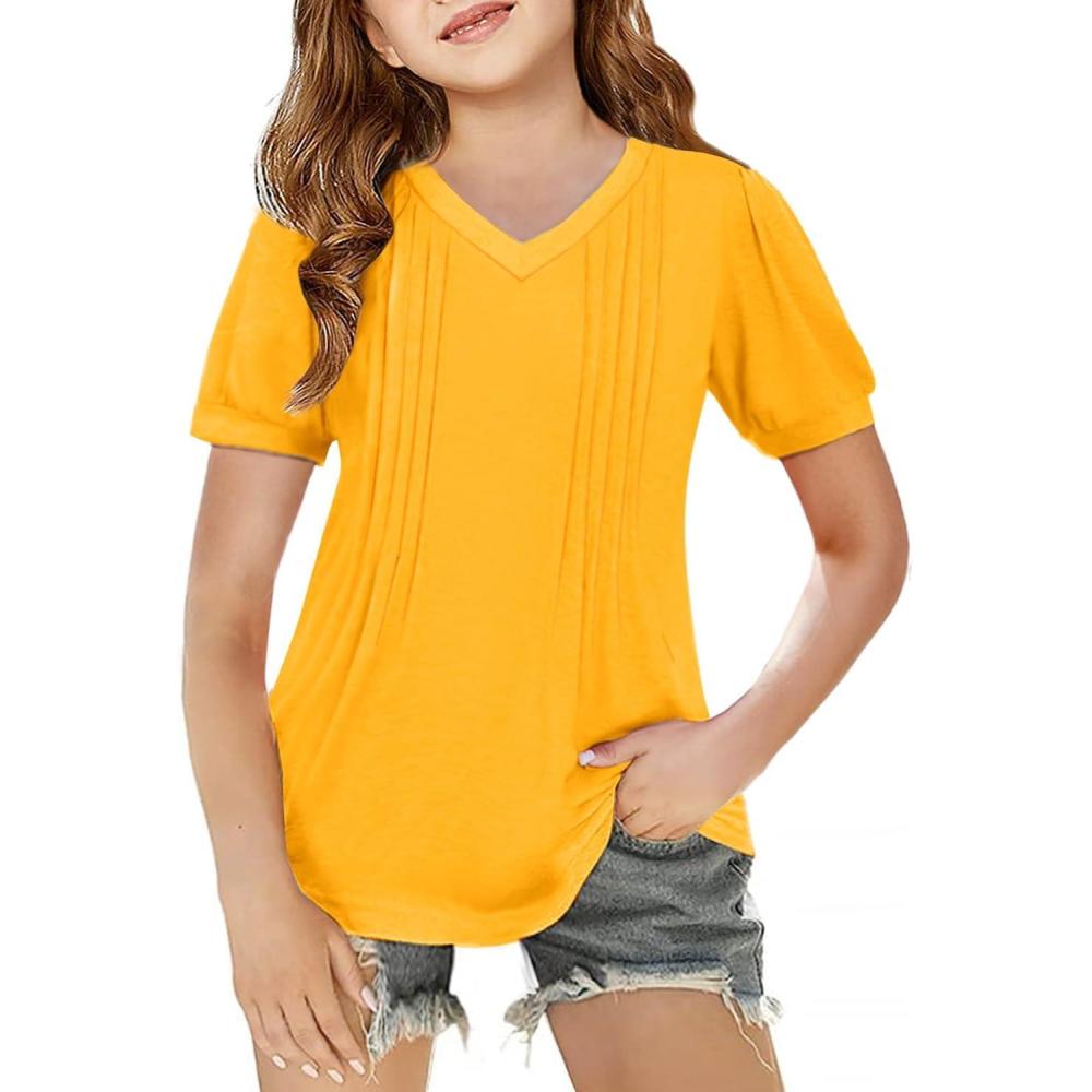 image:imageArshiner Girls Puff Short Sleeve Shirts Pleated Tunic Top Casual V Neck Summer Kids Blouse TeeYellow