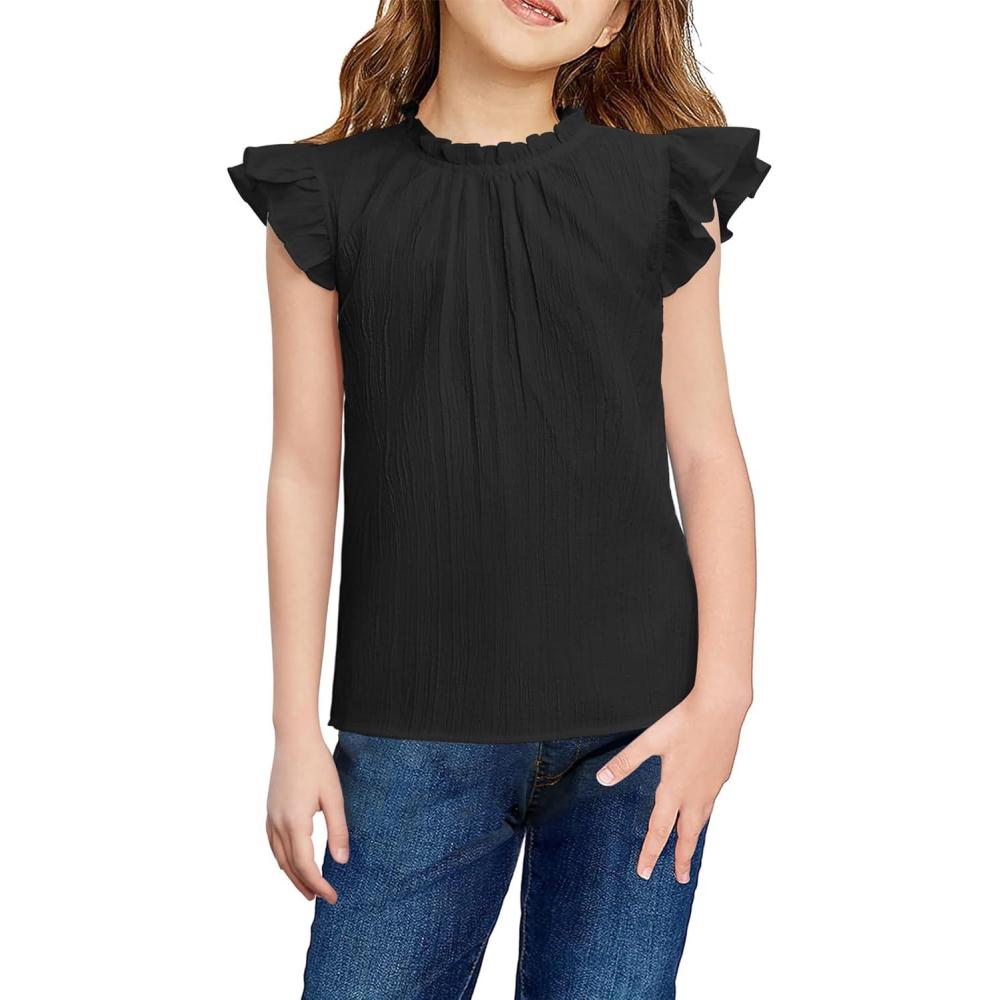 image:imageArshiner Girls Ruffle Short Sleeve Shirts Cute Summer Frill Neck Pleated Textured Blouse TopsBlack
