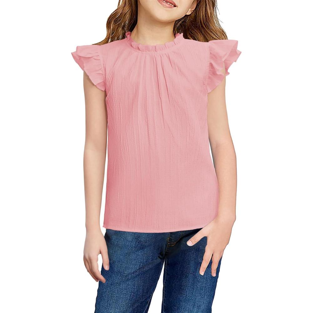 image:imageArshiner Girls Ruffle Short Sleeve Shirts Cute Summer Frill Neck Pleated Textured Blouse TopsLight Pink