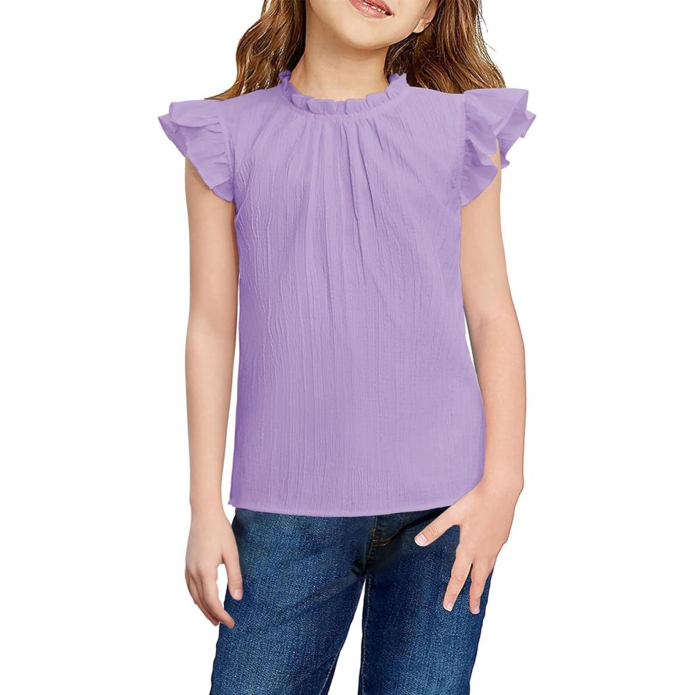 image:imageArshiner Girls Ruffle Short Sleeve Shirts Cute Summer Frill Neck Pleated Textured Blouse TopsLilac
