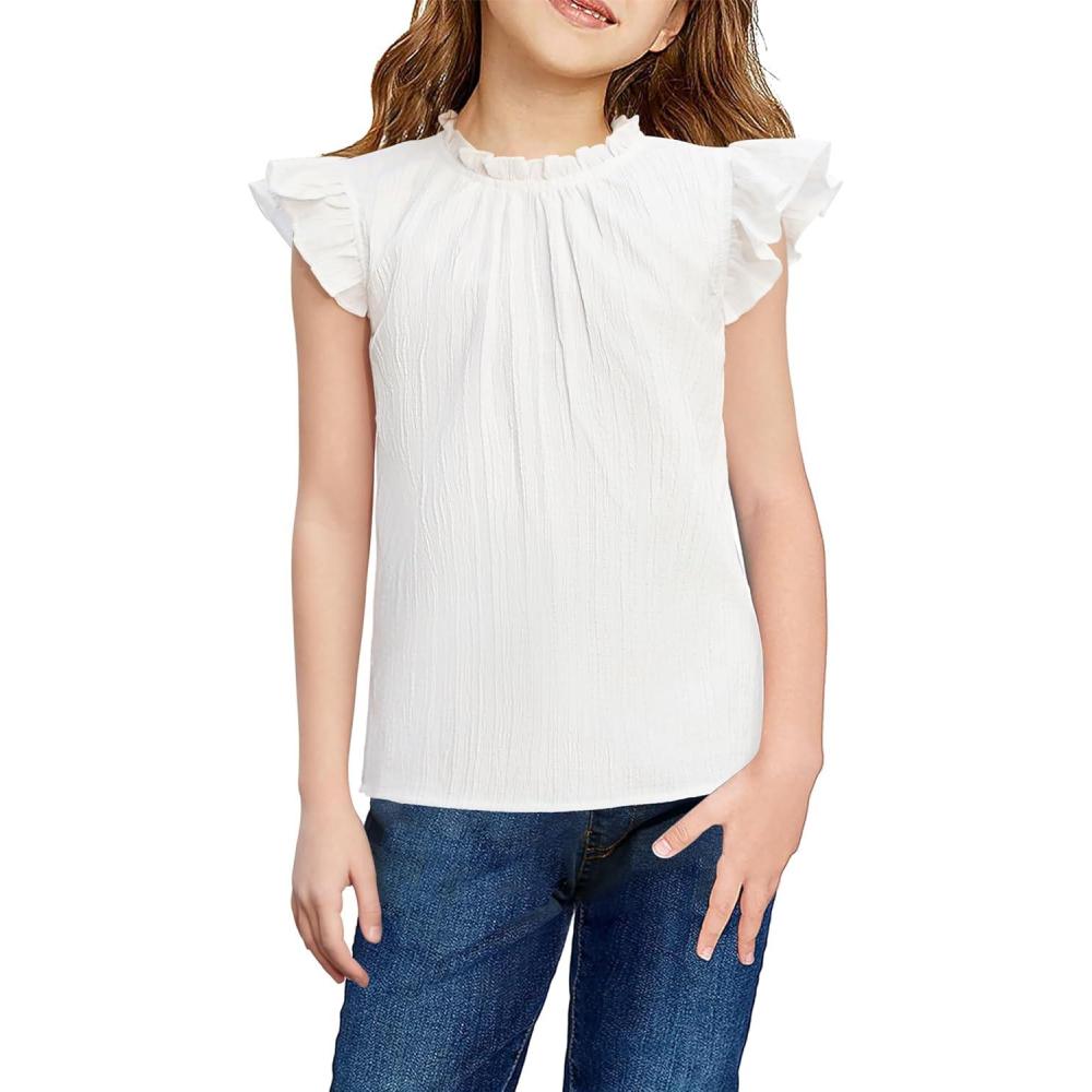 image:imageArshiner Girls Ruffle Short Sleeve Shirts Cute Summer Frill Neck Pleated Textured Blouse TopsWhite