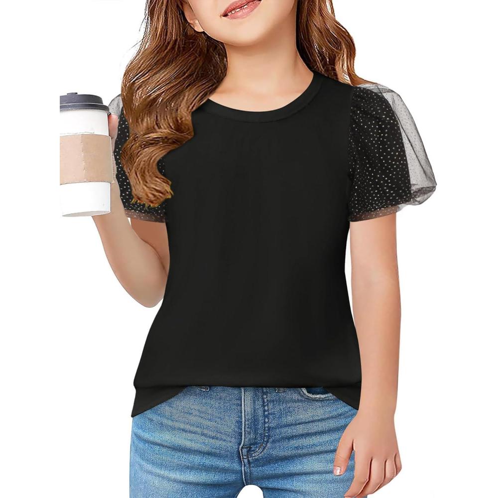 image:imageArshiner Girls Shirts Mesh Puff Short Sleeves Blouse Crewneck Cute Print Summer Kids Tee TopsBlack