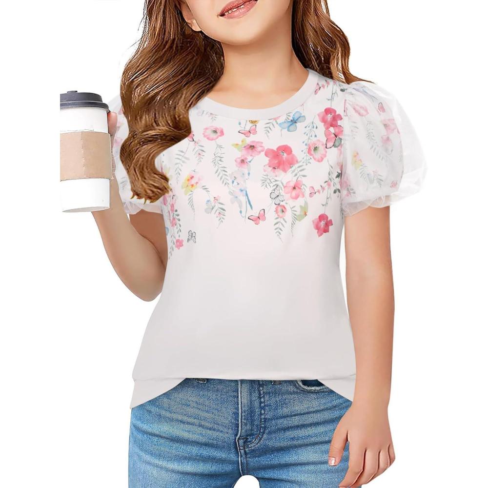 image:imageArshiner Girls Shirts Mesh Puff Short Sleeves Blouse Crewneck Cute Print Summer Kids Tee TopsFlowers