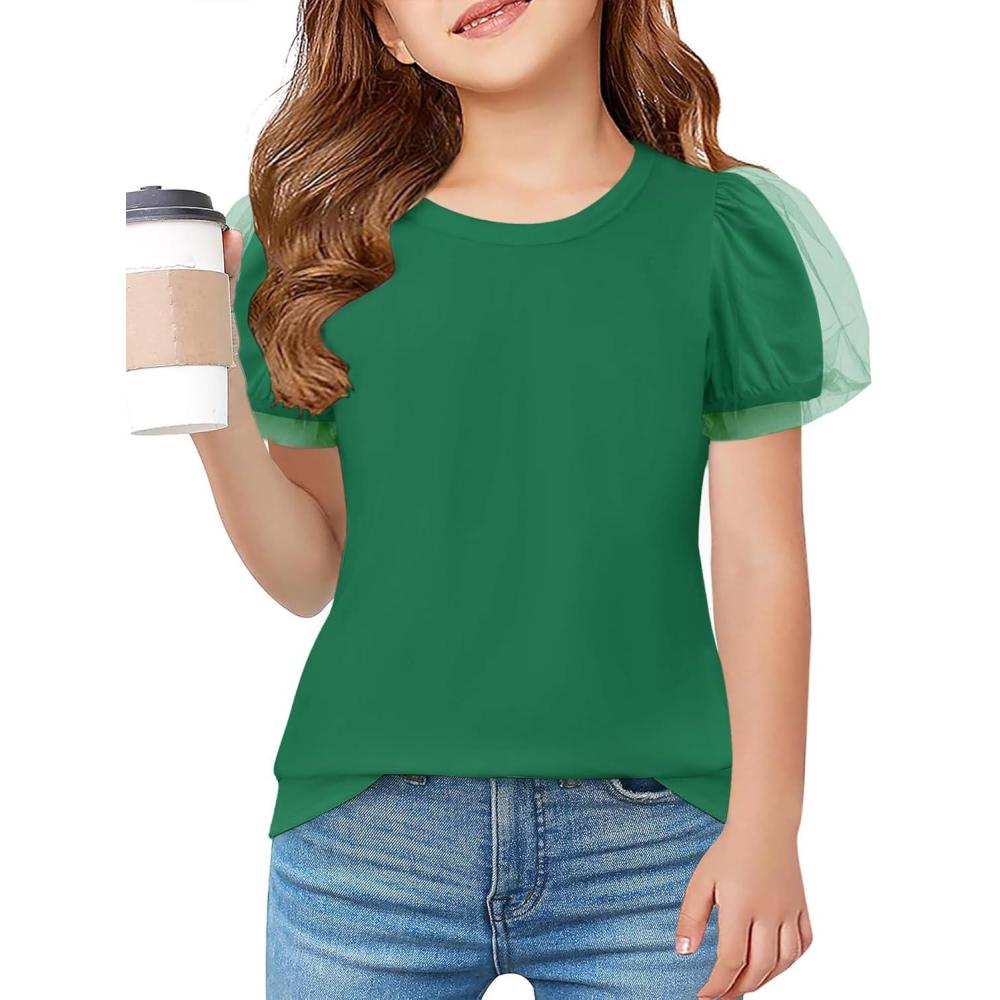 image:imageArshiner Girls Shirts Mesh Puff Short Sleeves Blouse Crewneck Cute Print Summer Kids Tee TopsGreen