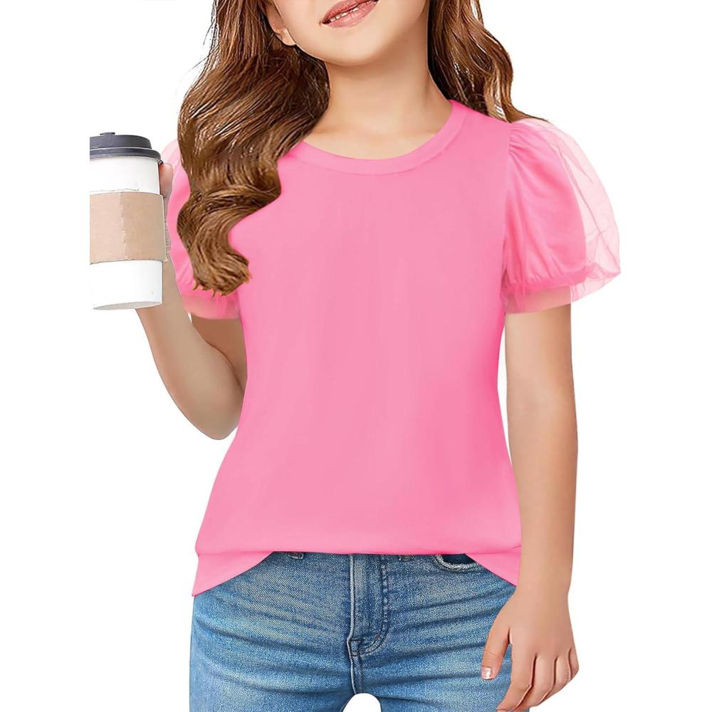 image:imageArshiner Girls Shirts Mesh Puff Short Sleeves Blouse Crewneck Cute Print Summer Kids Tee TopsHot Pink