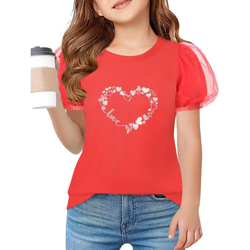 image:imageArshiner Girls Shirts Mesh Puff Short Sleeves Blouse Crewneck Cute Print Summer Kids Tee TopsLove Heart