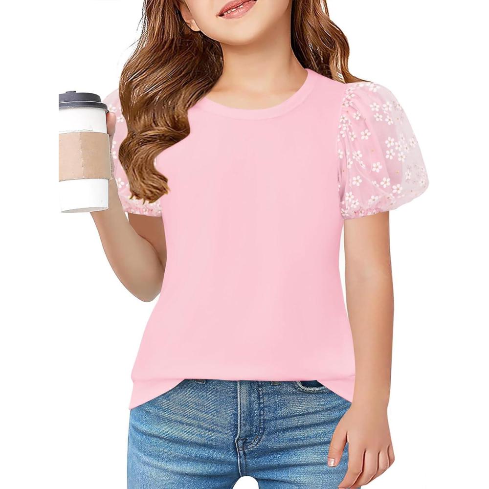 image:imageArshiner Girls Shirts Mesh Puff Short Sleeves Blouse Crewneck Cute Print Summer Kids Tee TopsPink