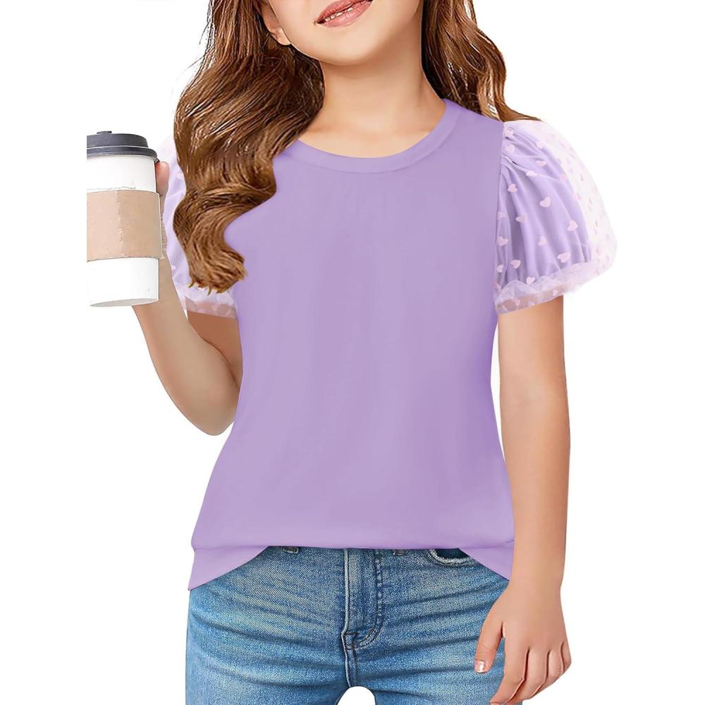 image:imageArshiner Girls Shirts Mesh Puff Short Sleeves Blouse Crewneck Cute Print Summer Kids Tee TopsPurple