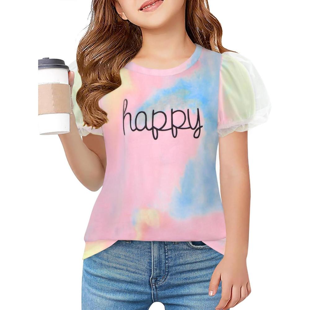 image:imageArshiner Girls Shirts Mesh Puff Short Sleeves Blouse Crewneck Cute Print Summer Kids Tee TopsTie Dye Happy