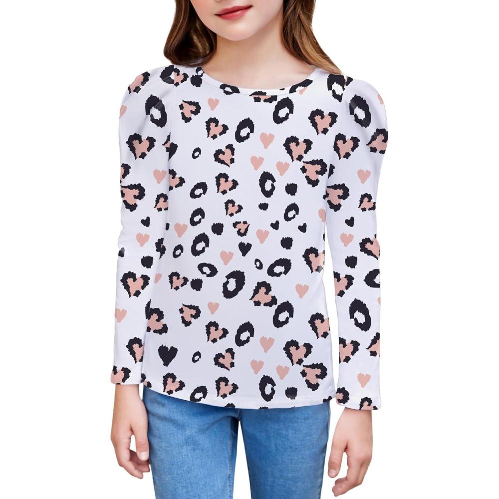 image:imageArshiner Girls Shirts Puff Long Sleeve Shirts Casual Crewneck Tops Tunic BlouseLeopard White